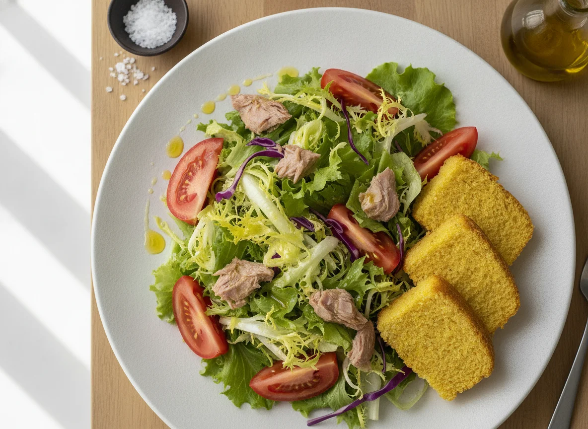 Ensalada mixta con atún y pan de maíz photo