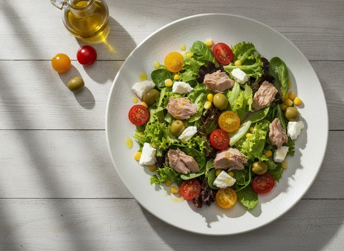 Ensalada mixta con atún y queso photo