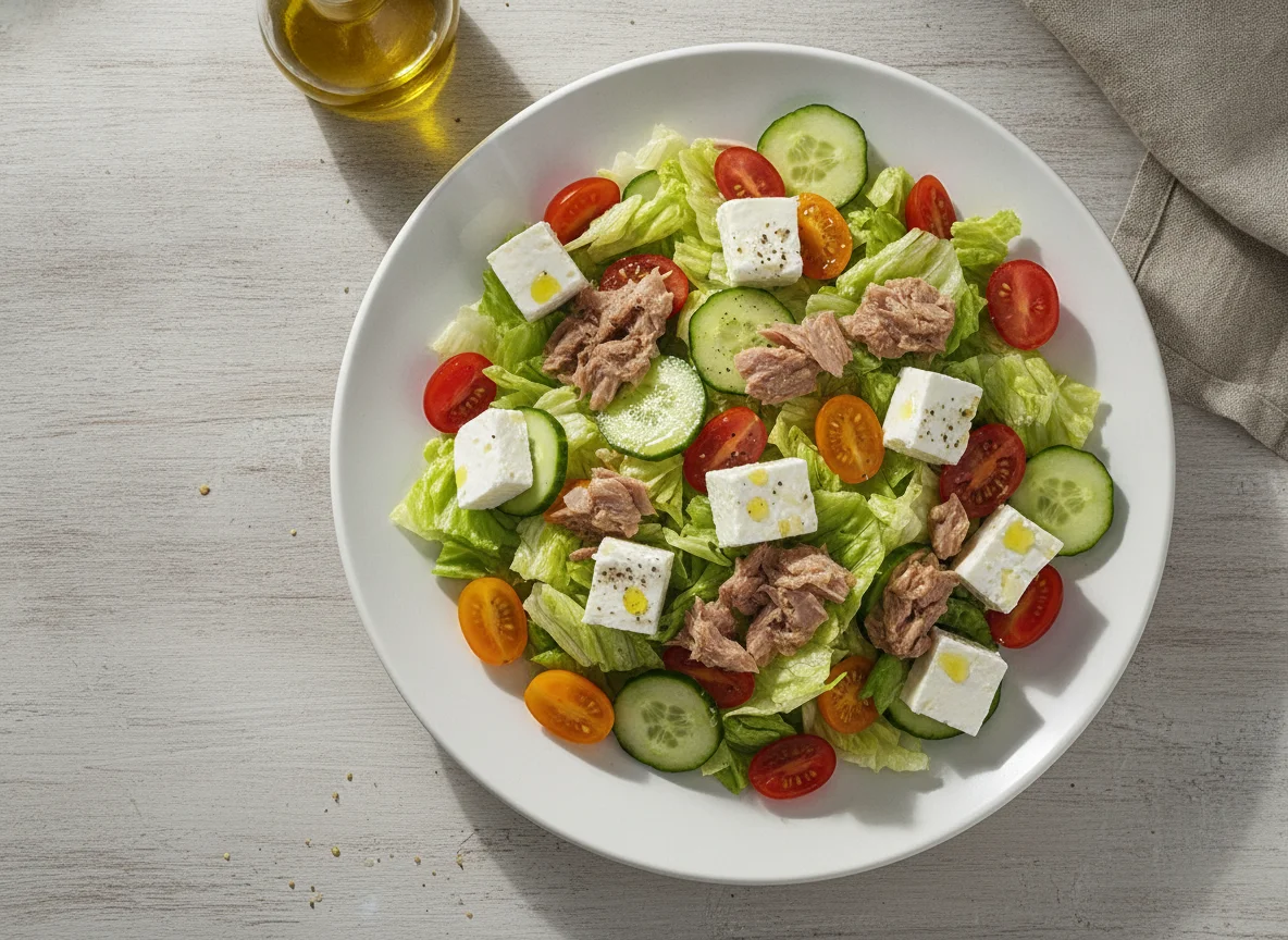 Ensalada mixta con atún y queso fresco photo