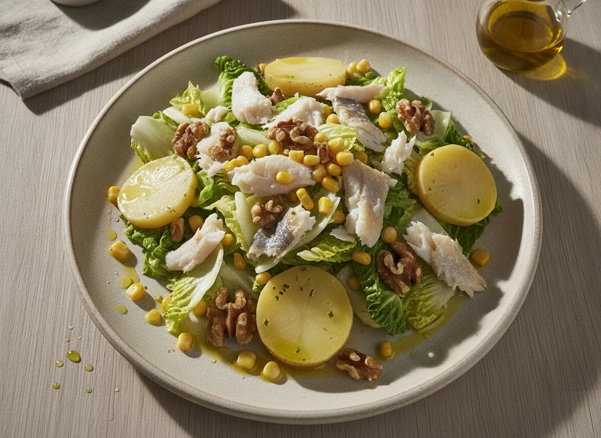 Ensalada mixta con bacalao y nueces photo