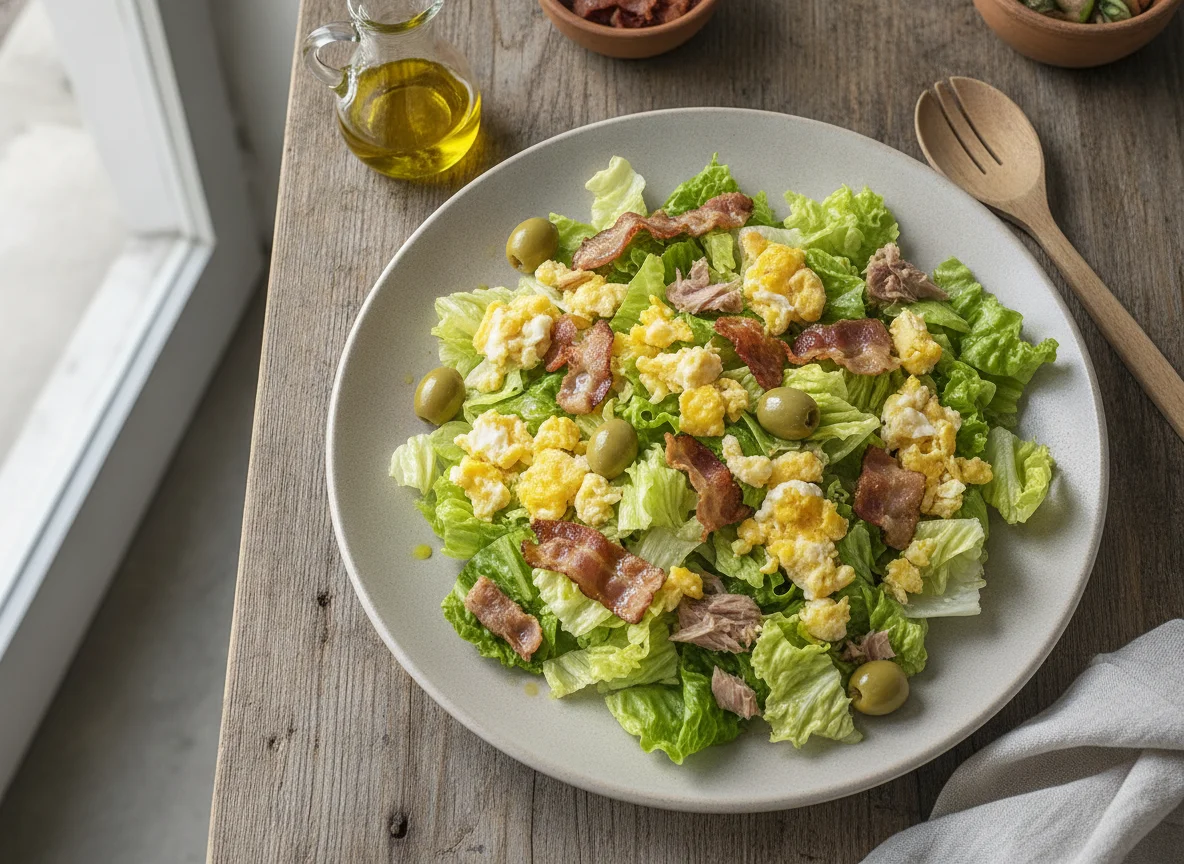 Ensalada mixta con bacon y huevos revueltos photo