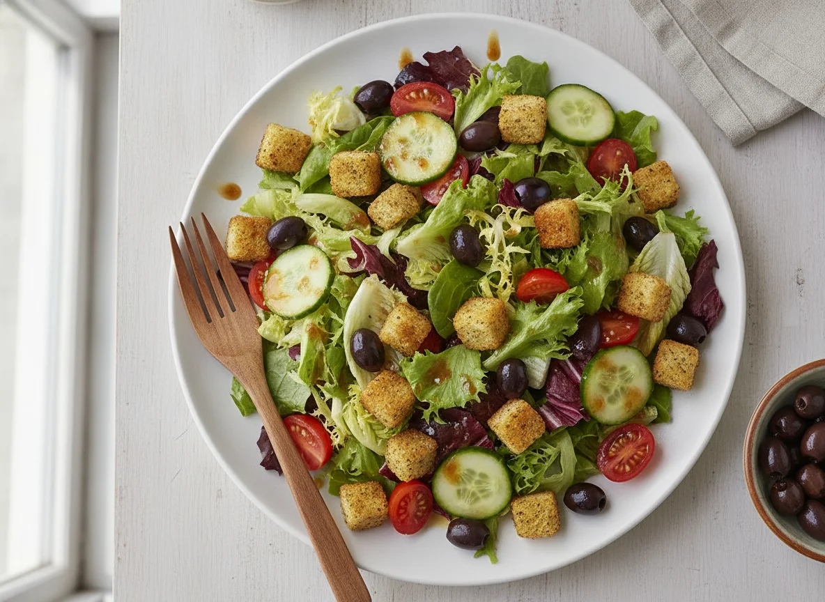 Ensalada mixta con crutones y aceitunas photo