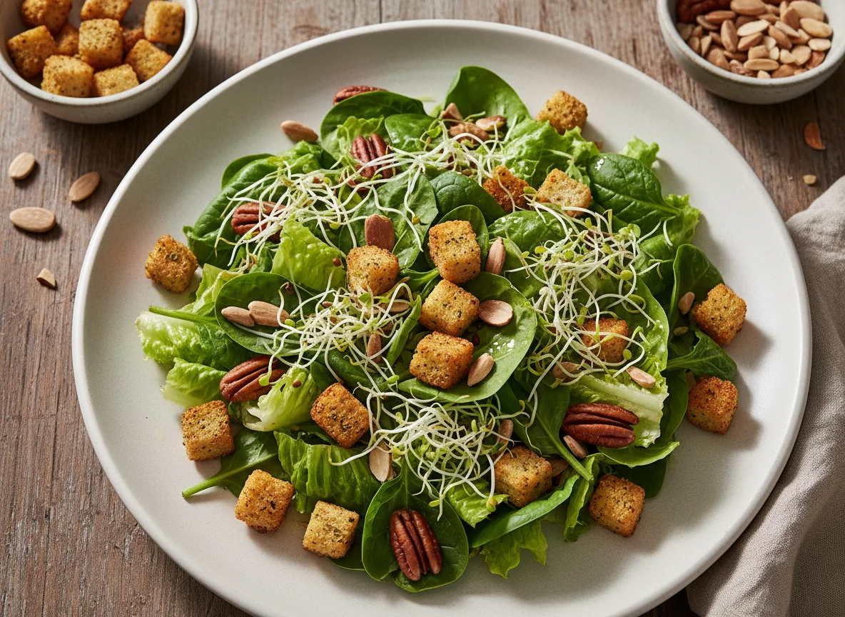 Ensalada mixta con crutones y nueces photo