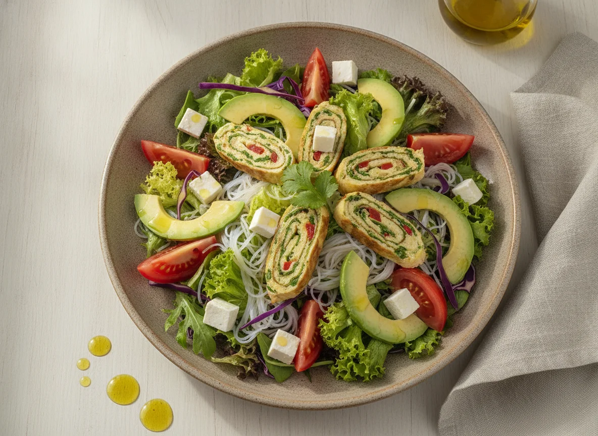 Ensalada mixta con fideos de arroz, palta y queso fresco photo