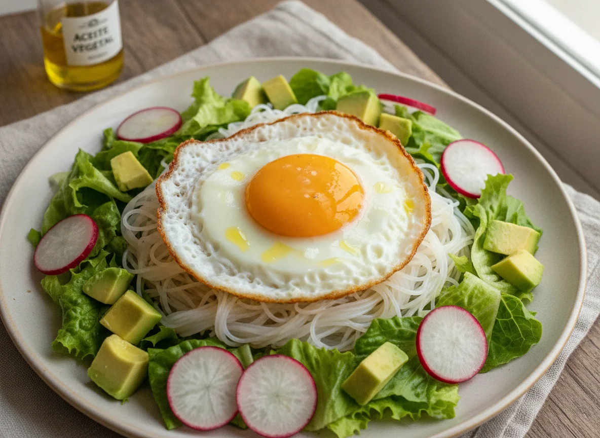 Ensalada mixta con fideos de arroz y huevo frito photo