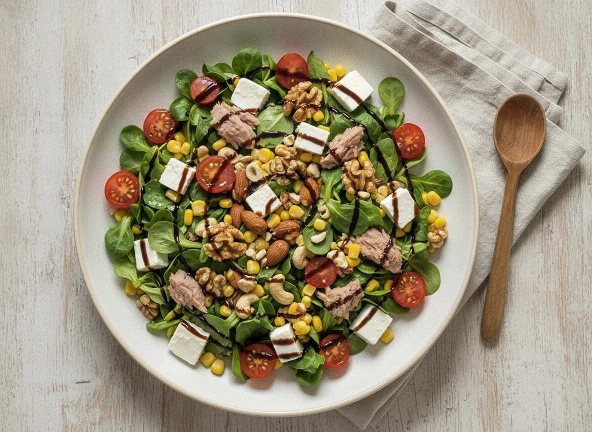 Ensalada mixta con frutos secos, atún y queso fresco photo