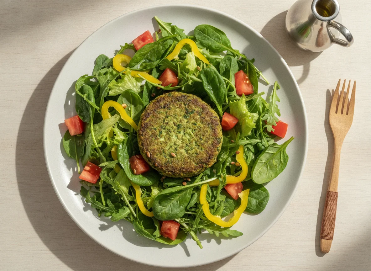 Ensalada mixta con hamburguesa vegetal de espinacas photo