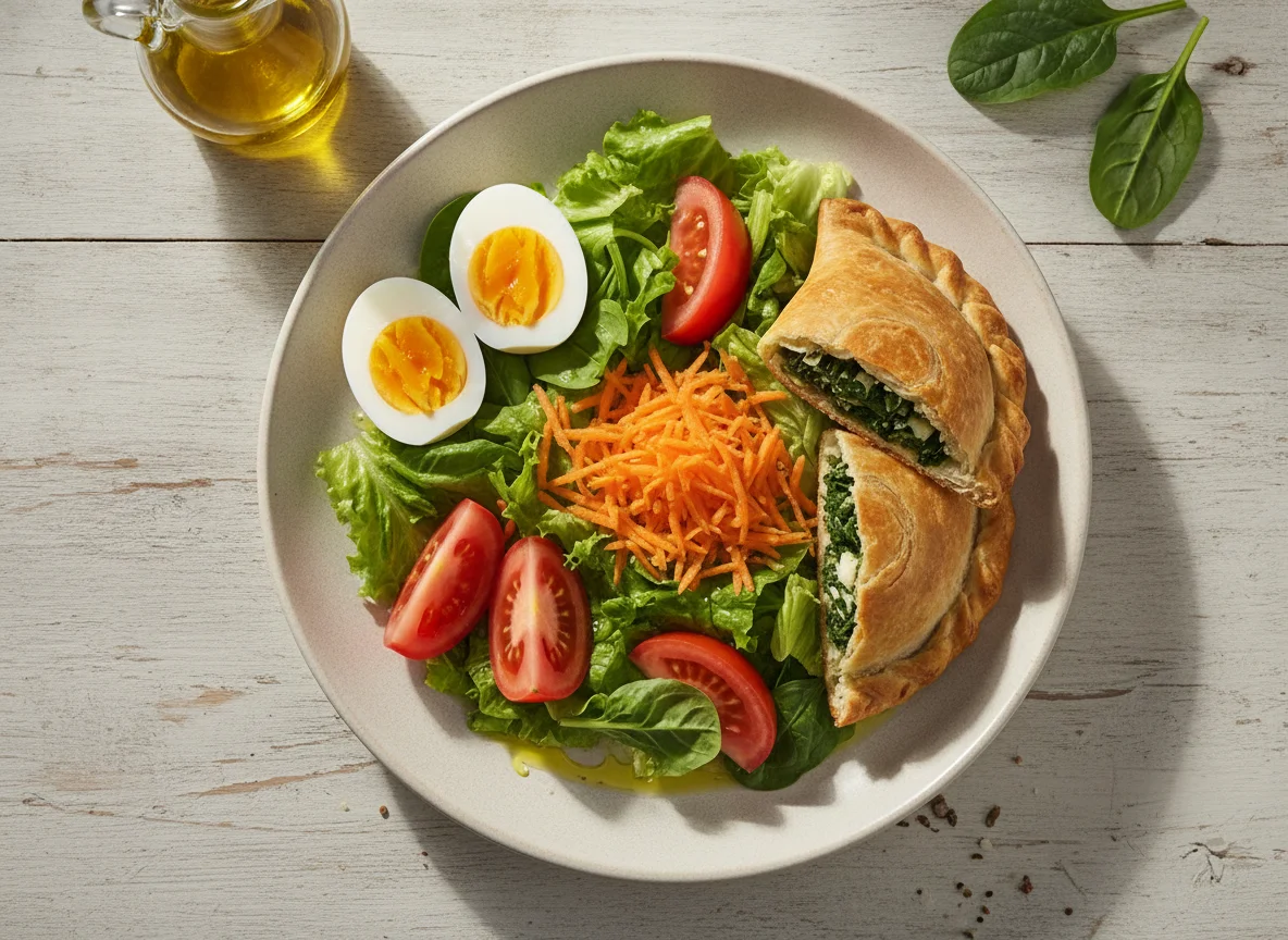 Ensalada mixta con huevo cocido y empanada de espinacas photo