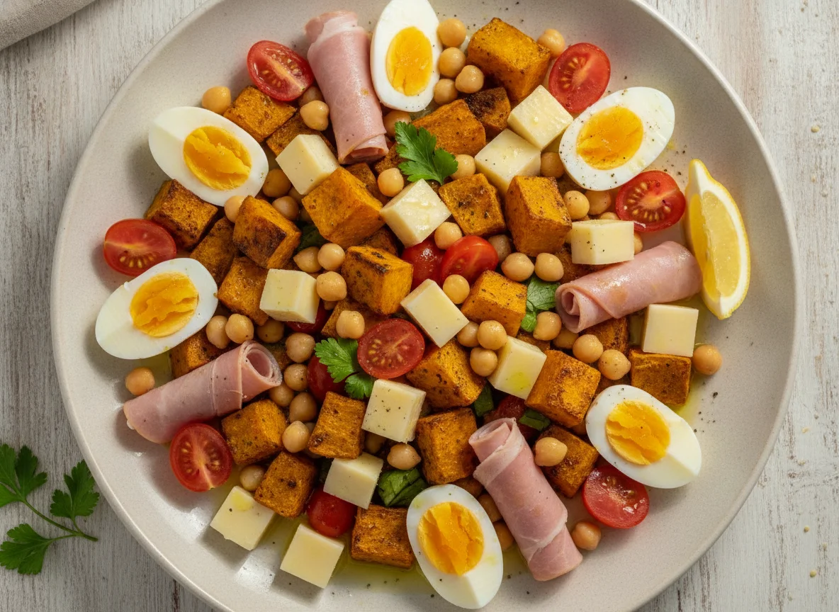 Ensalada mixta con huevo duro, calabaza asada y jugo de limón photo