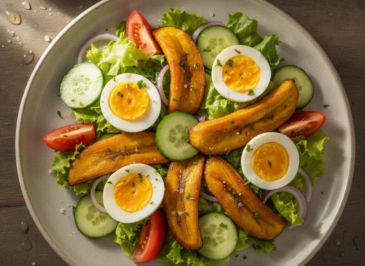 Ensalada mixta con huevo y plátano photo