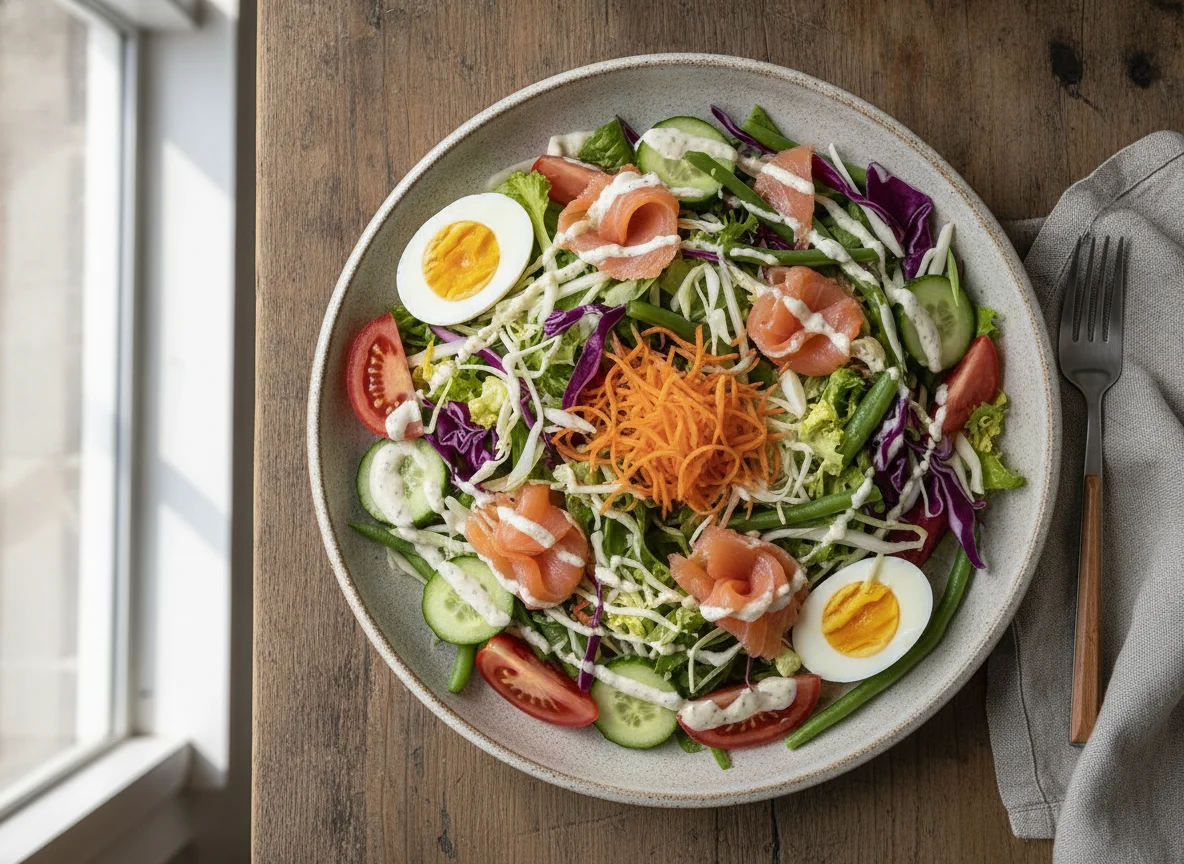 Ensalada mixta con huevo y salmón photo
