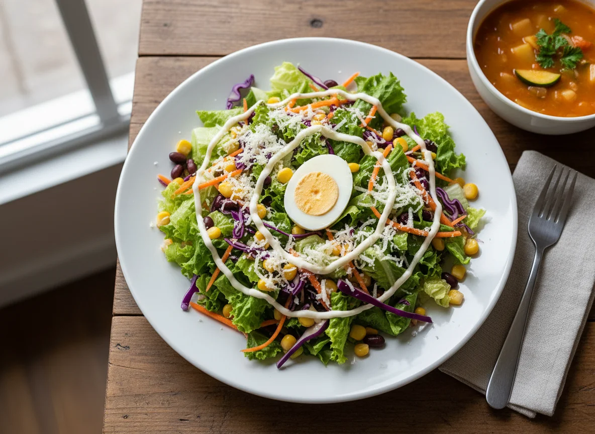 Ensalada mixta con huevo y sopa photo