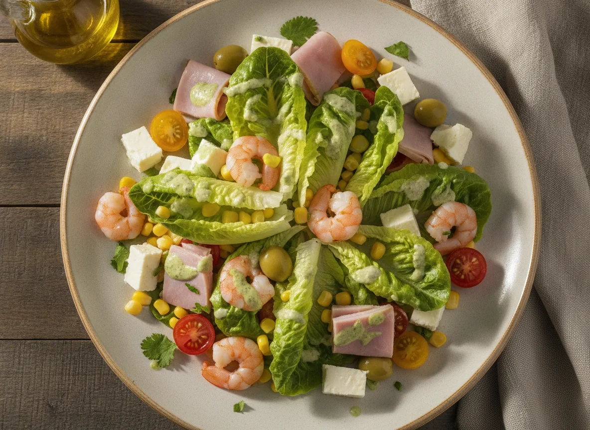 Ensalada mixta con jamón de pavo, queso y camarones photo