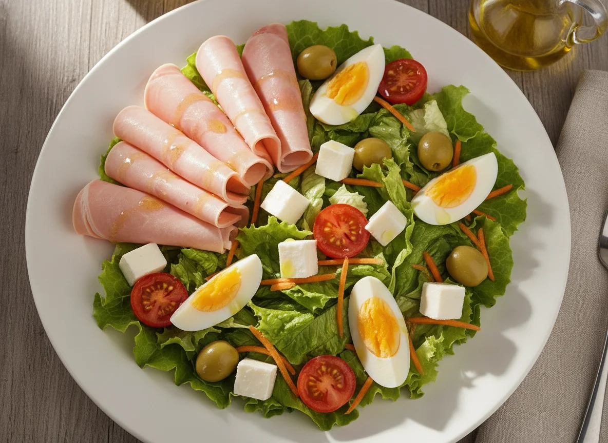 Ensalada mixta con jamón, huevo y queso magro photo