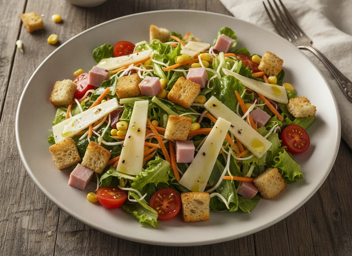 Ensalada mixta con jamón, queso y picatostes photo