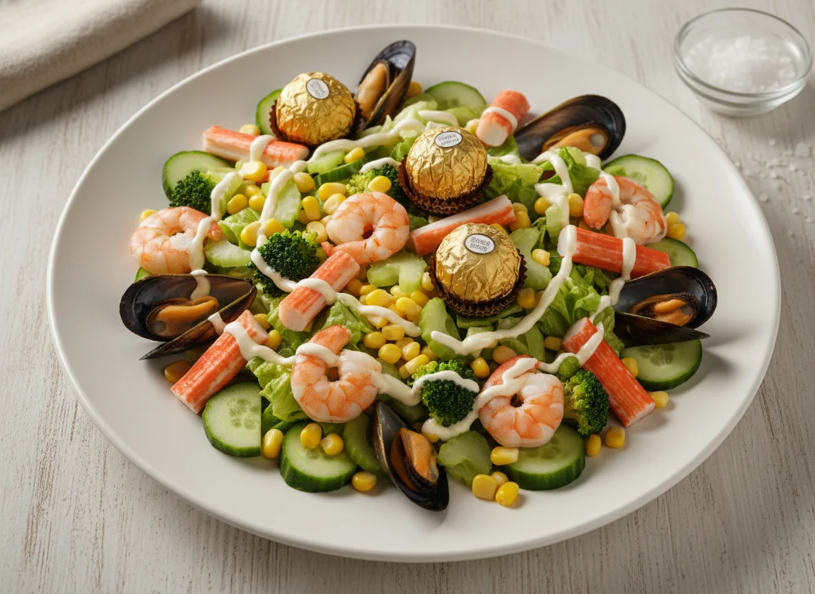 Ensalada mixta con mariscos y Ferrero Rocher photo