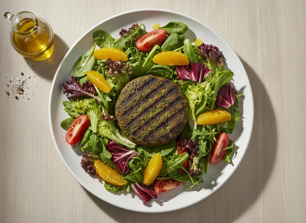 Ensalada mixta con naranja y hamburguesa vegetal photo