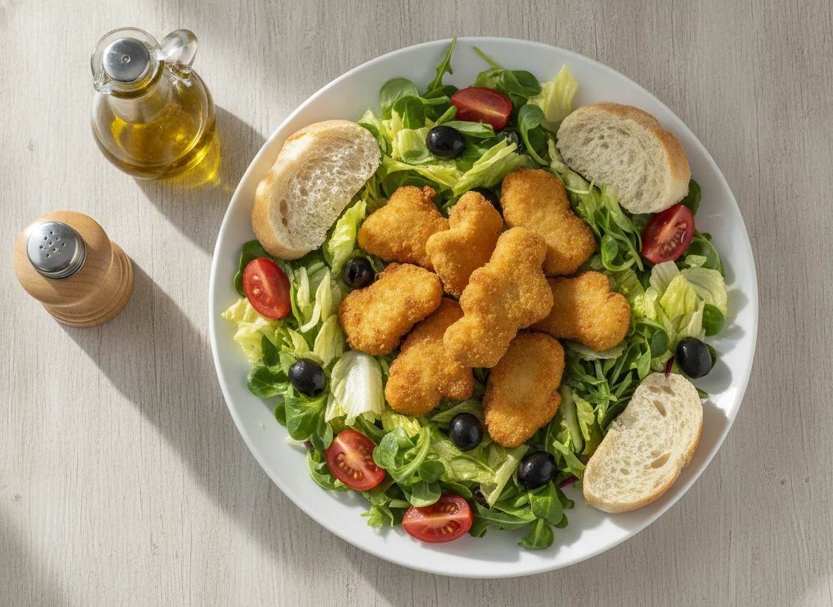 Ensalada mixta con nuggets de pollo y pan photo