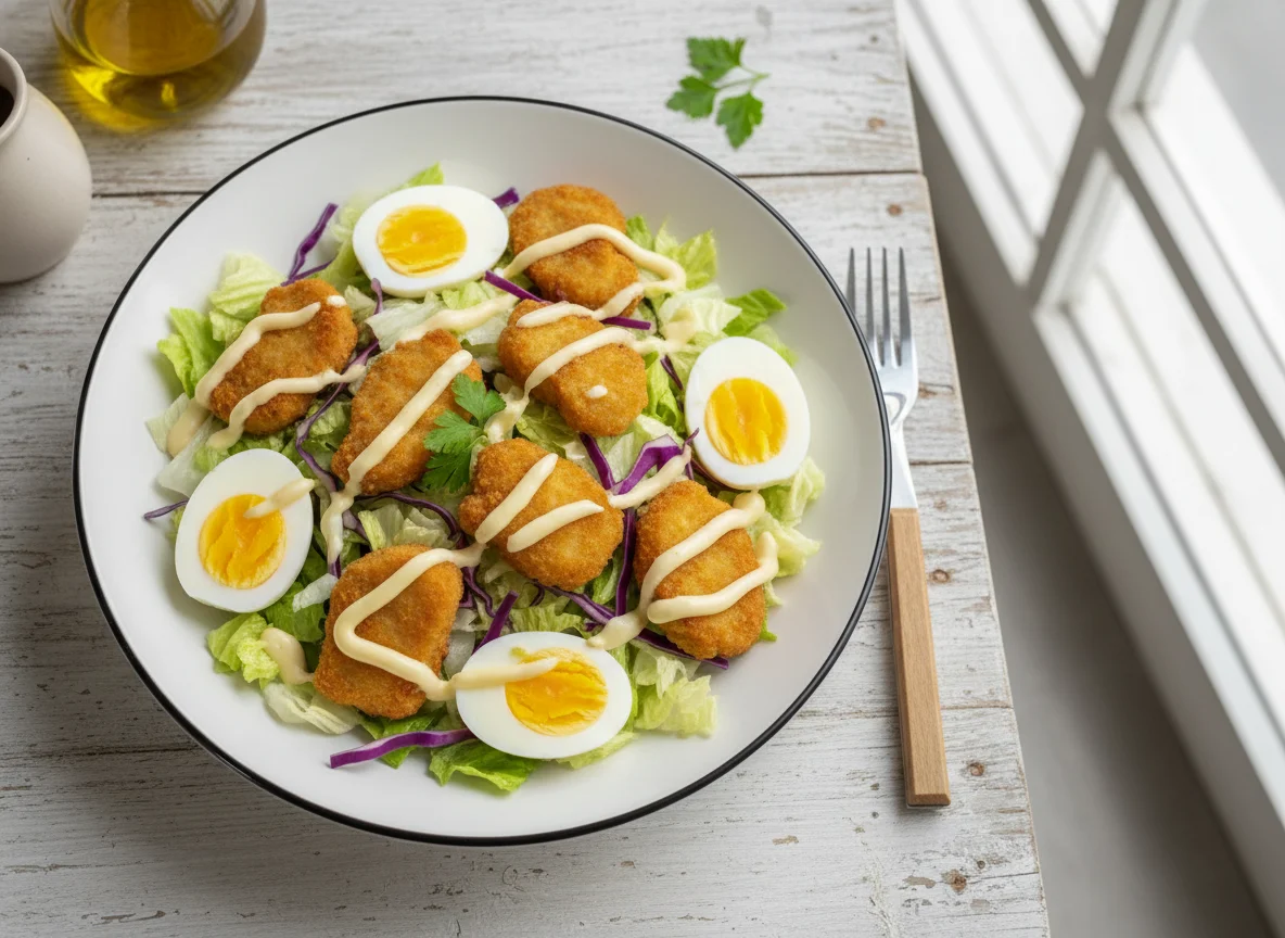 Ensalada mixta con nuggets y huevo photo