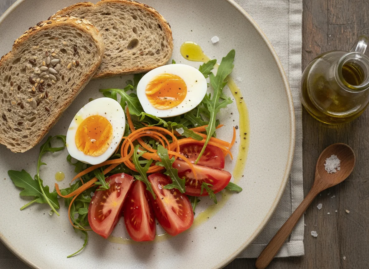 Ensalada mixta con pan integral y huevo photo
