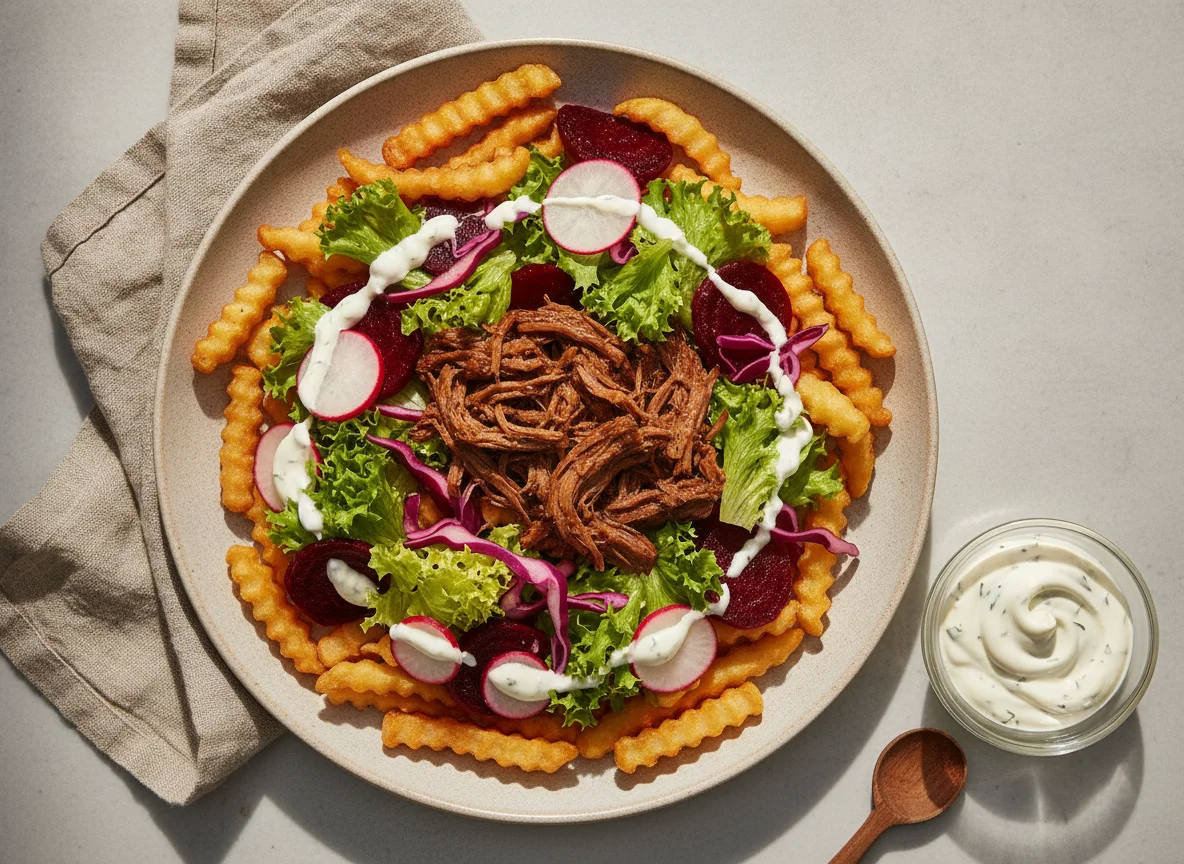 Ensalada mixta con papas fritas y aderezo photo