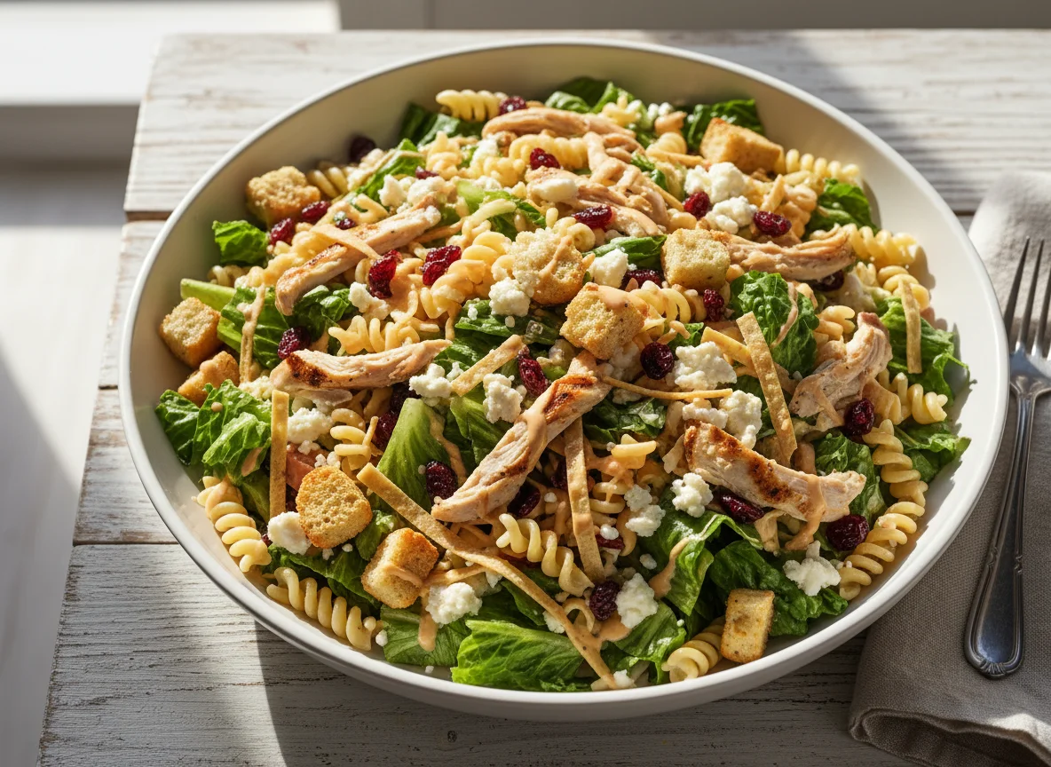 Ensalada mixta con pasta y pollo photo