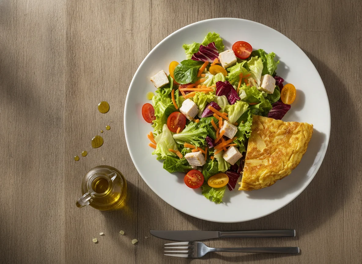 Ensalada mixta con pavo y tortilla de patatas photo