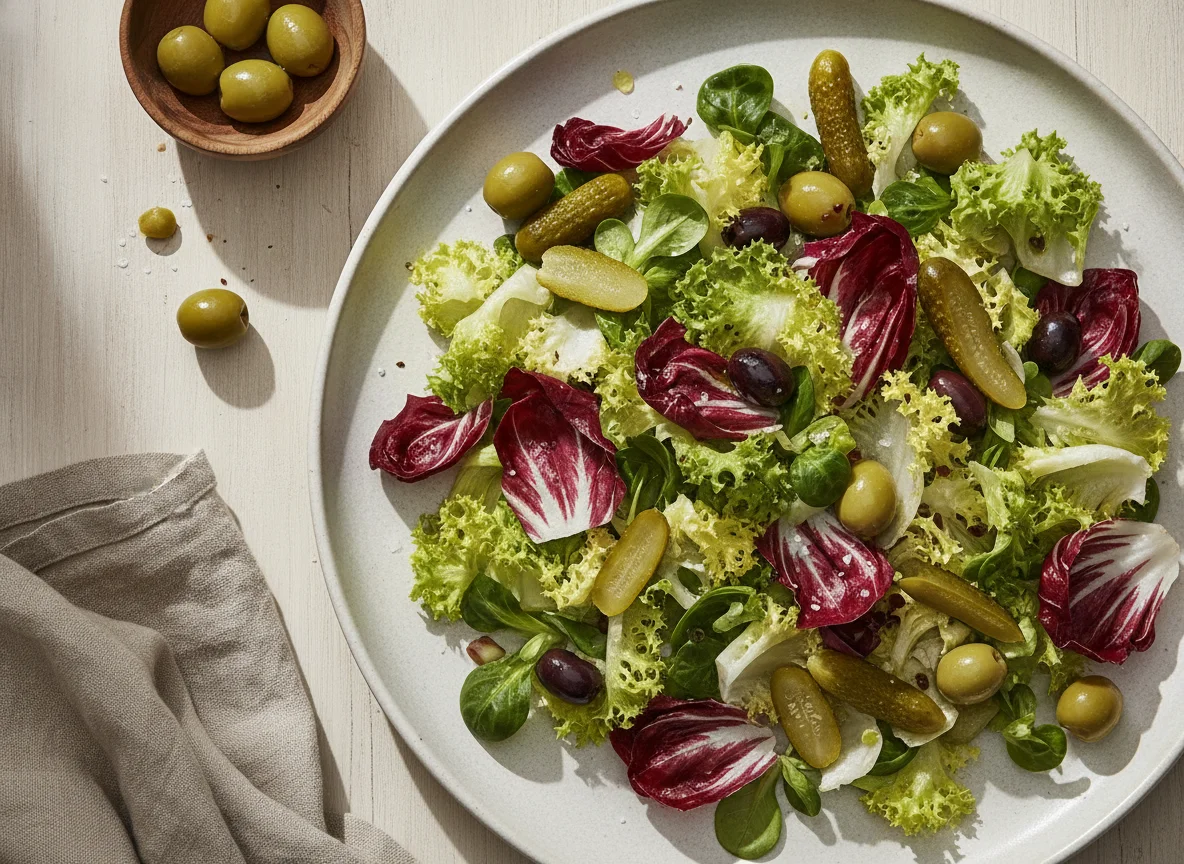 Ensalada mixta con pepinillos y aceitunas photo