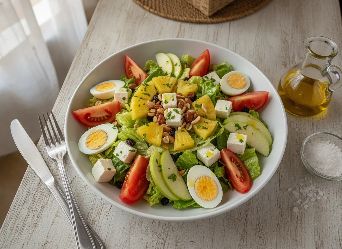 Ensalada mixta con piña, huevo y queso photo