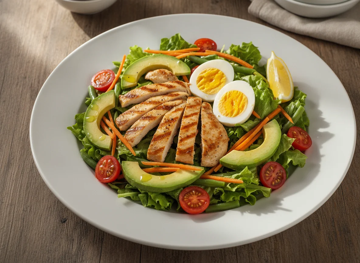 Ensalada mixta con pollo a la plancha y huevo cocido photo