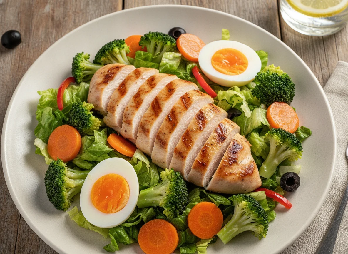Ensalada mixta con pollo, huevo y brócoli photo