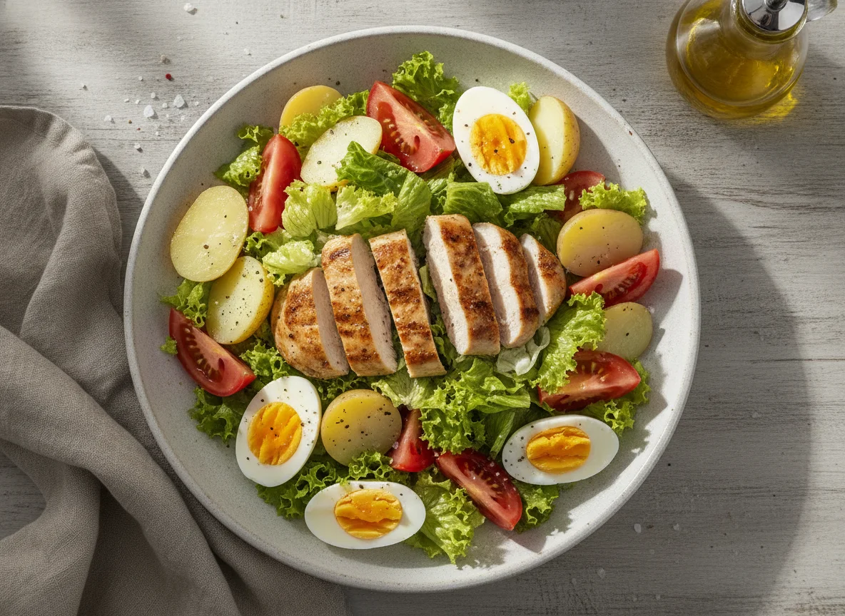 Ensalada mixta con pollo, huevo y papas photo
