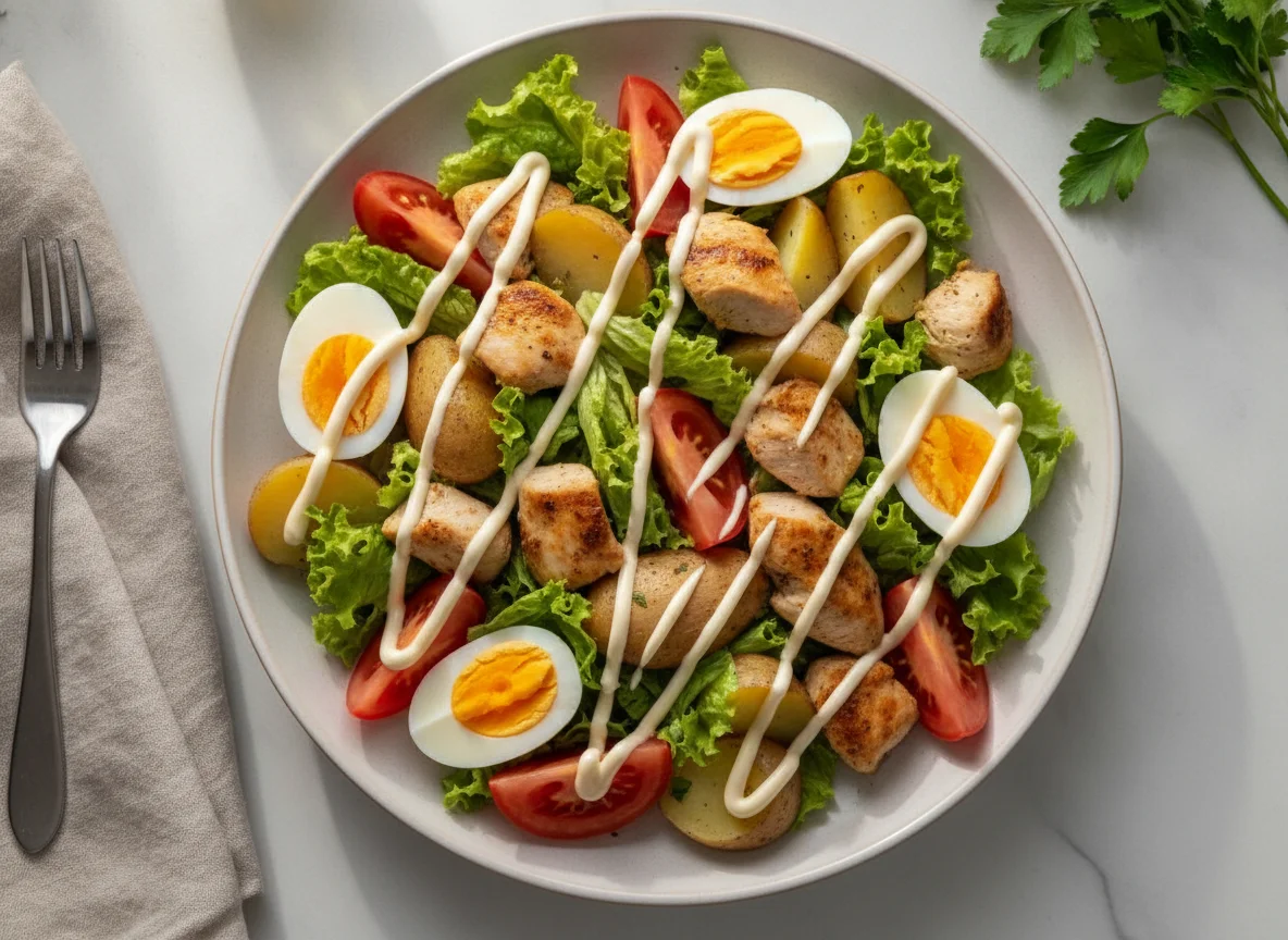 Ensalada mixta con pollo, papa y huevo photo