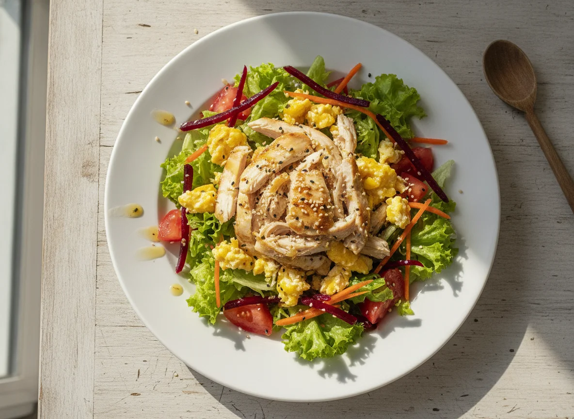 Ensalada mixta con pollo y huevos revueltos photo