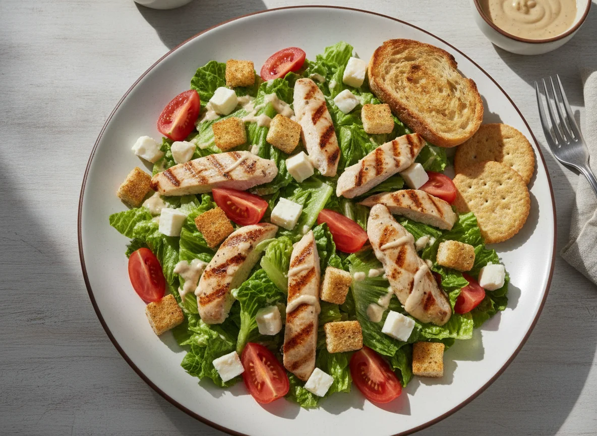 Ensalada mixta con pollo y pan photo