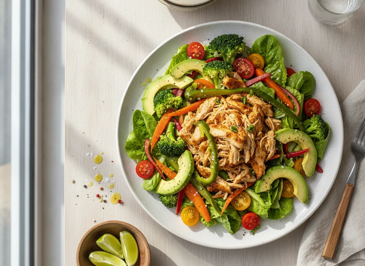 Ensalada mixta con pollo y vegetales salteados photo