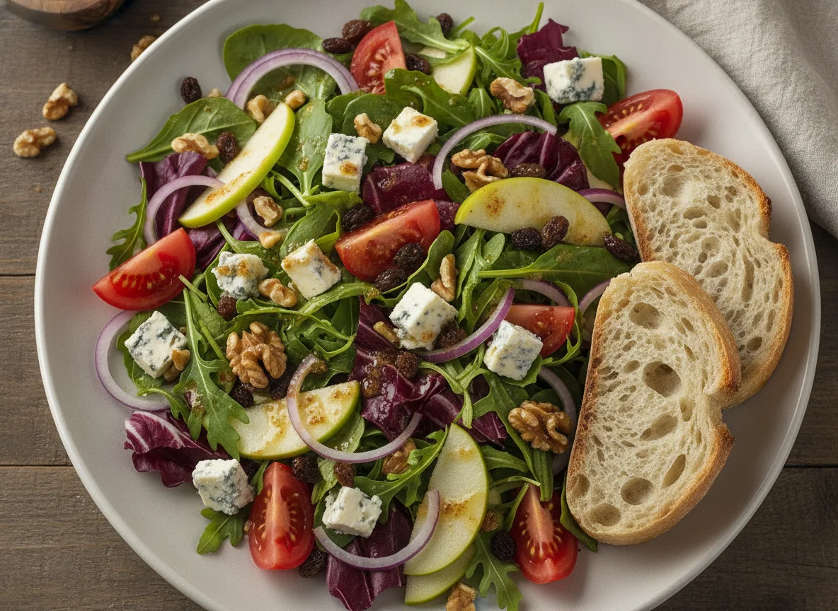 Ensalada mixta con queso azul, nueces y pasas photo