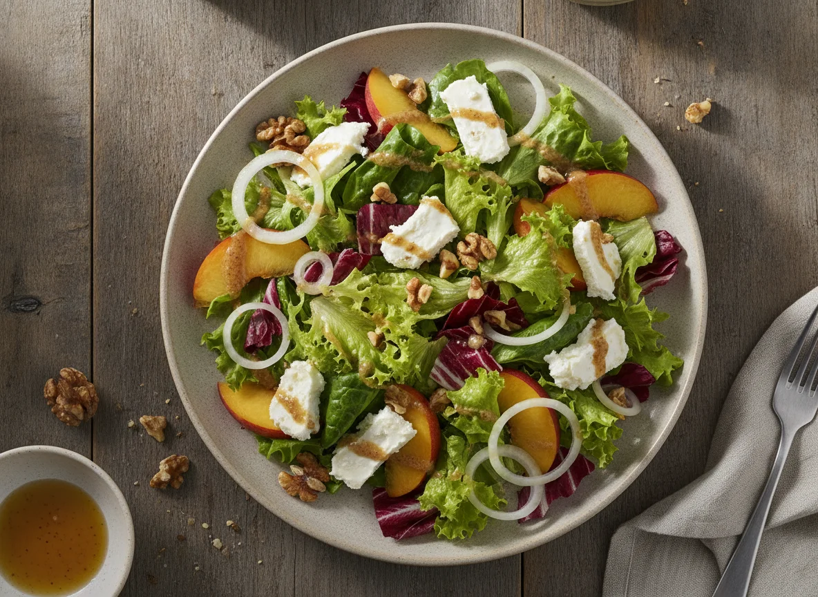 Ensalada mixta con queso de cabra, nueces y melocotón photo