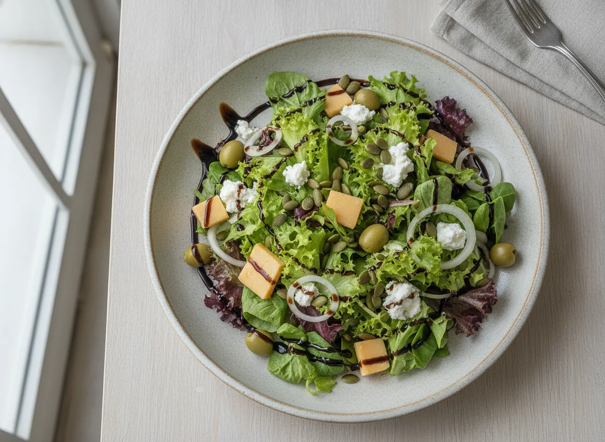 Ensalada mixta con queso, semillas y reducción de balsámico photo