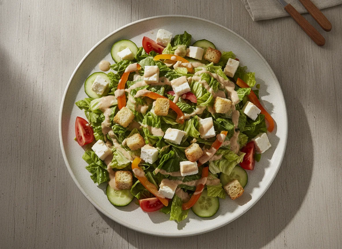 Ensalada mixta con queso y crutones photo