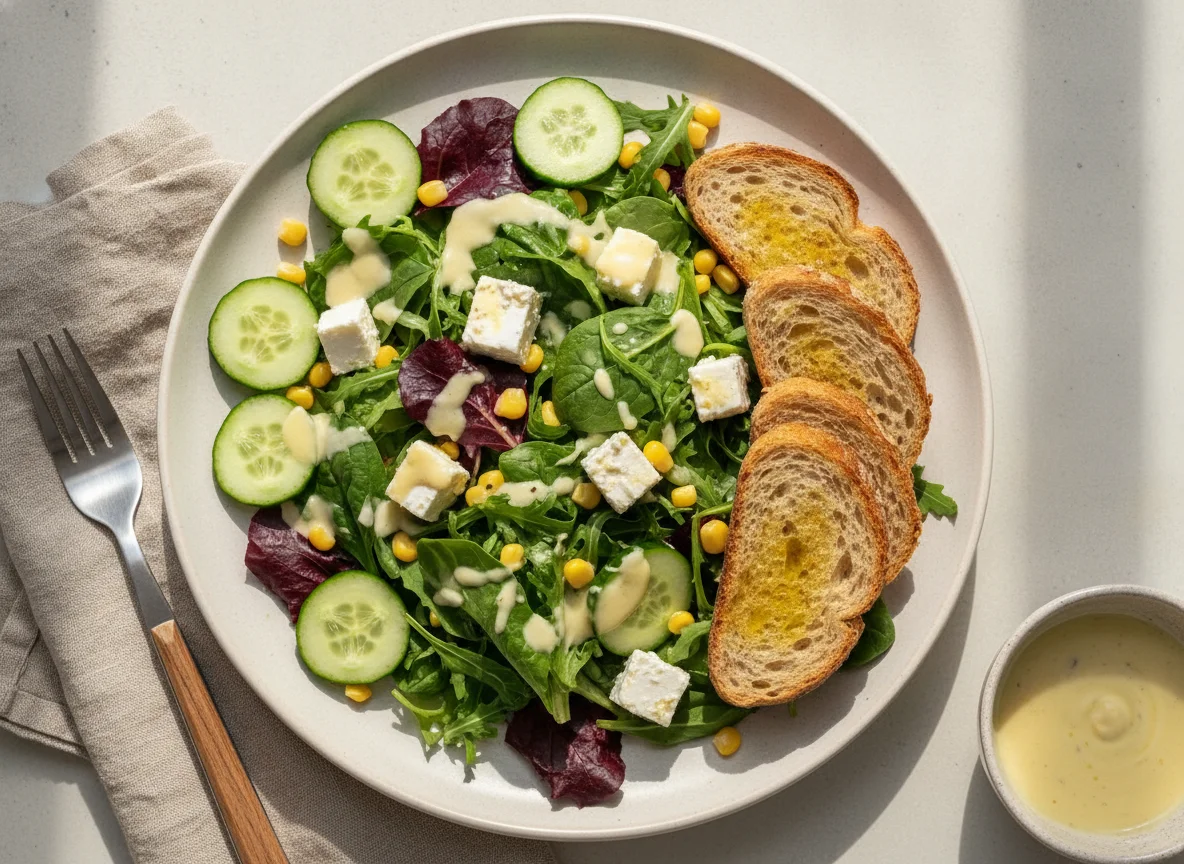 Ensalada mixta con queso y pan integral photo