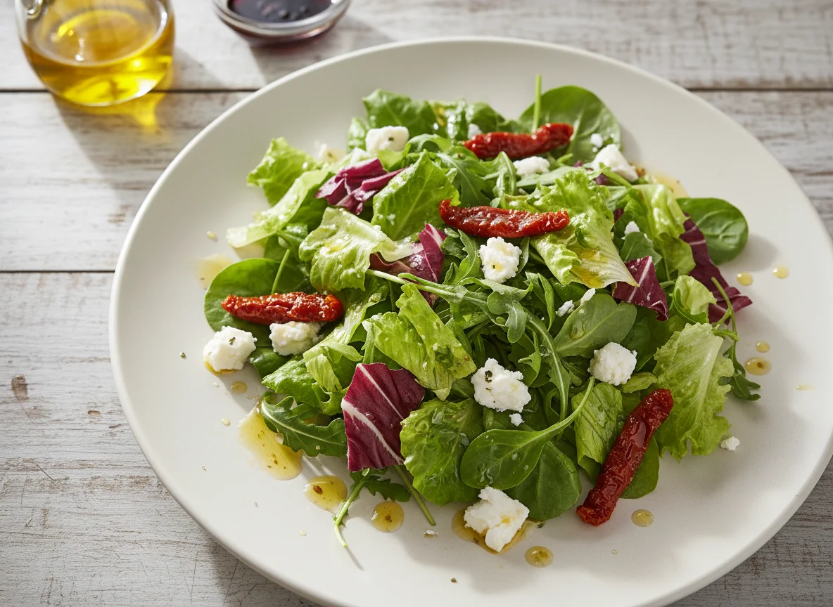 Ensalada mixta con queso y tomate seco photo