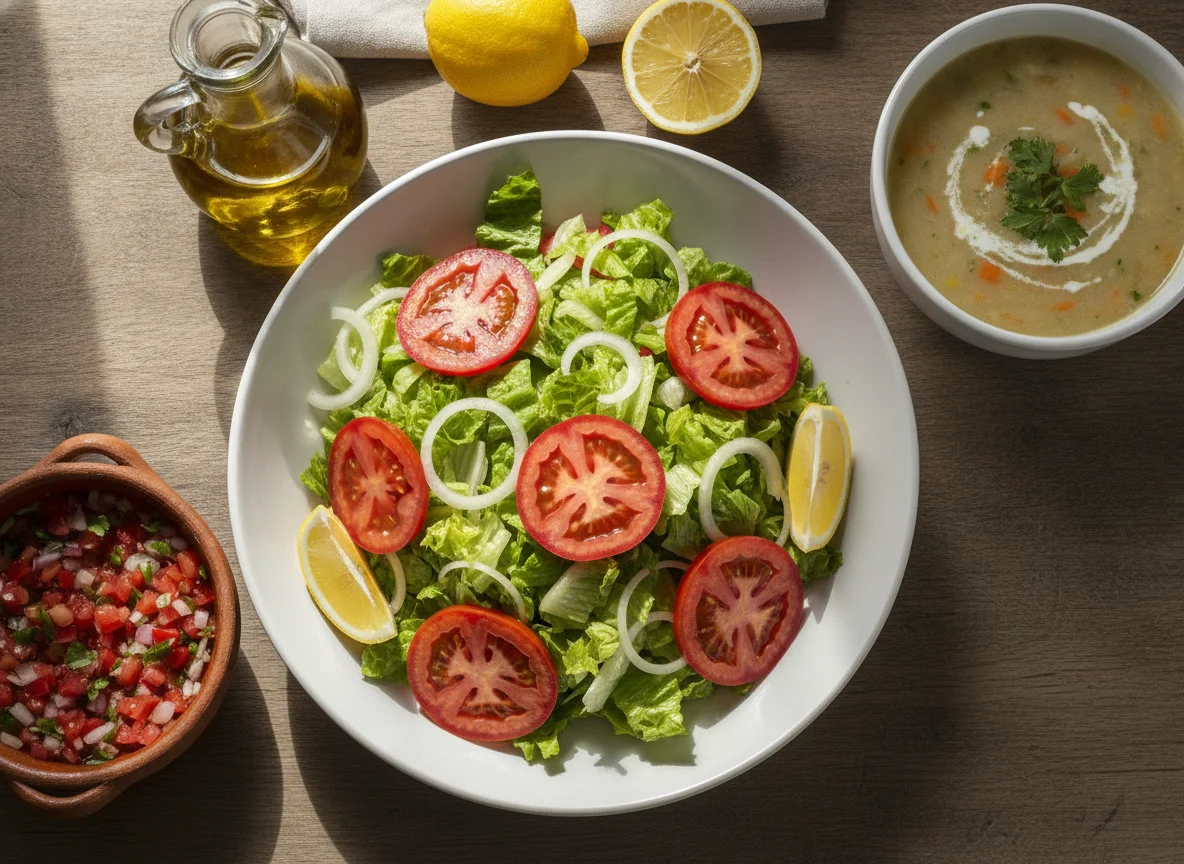 Ensalada mixta con sopa y pebre photo