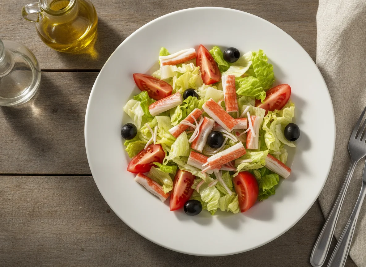 Ensalada mixta con surimi y aceitunas photo