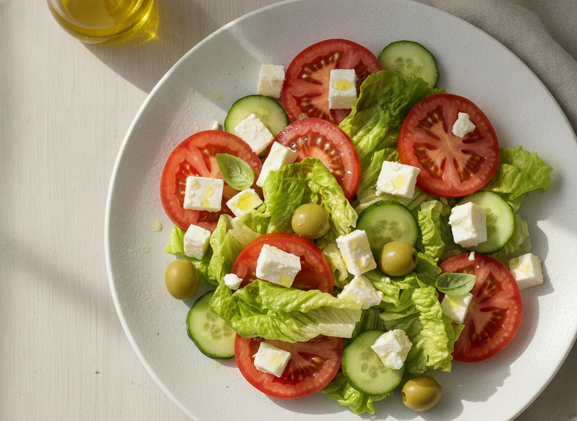 Ensalada mixta con tomate, queso y aceitunas photo