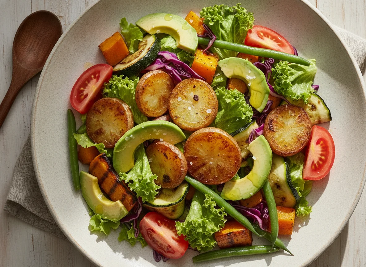 Ensalada mixta con verduras asadas y papas photo
