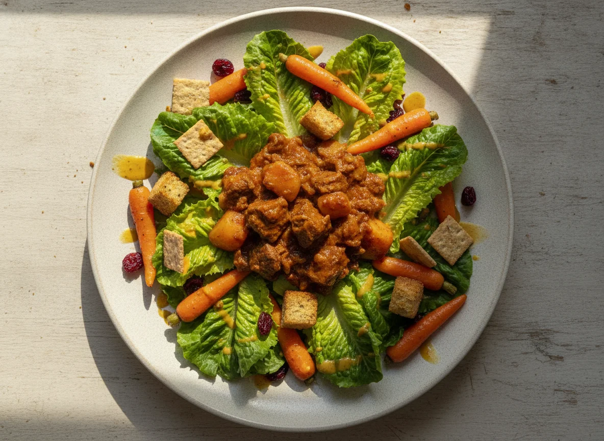 Ensalada mixta con zanahorias y guiso de carne photo