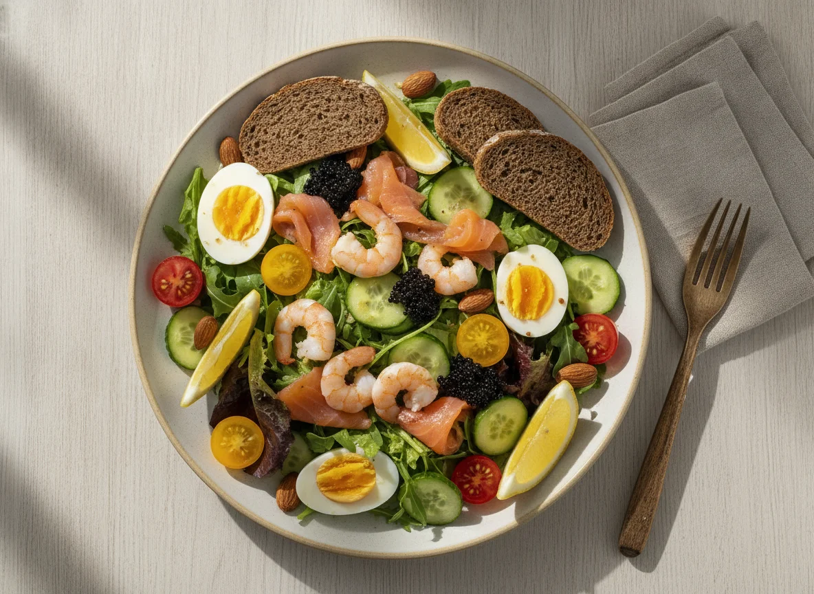 Ensalada nórdica con salmón, gambas y pan de centeno photo