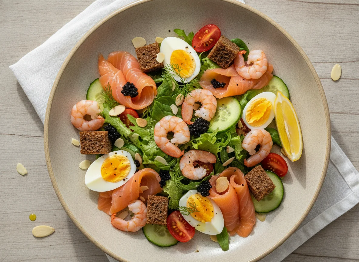 Ensalada nórdica con salmón y gambas photo