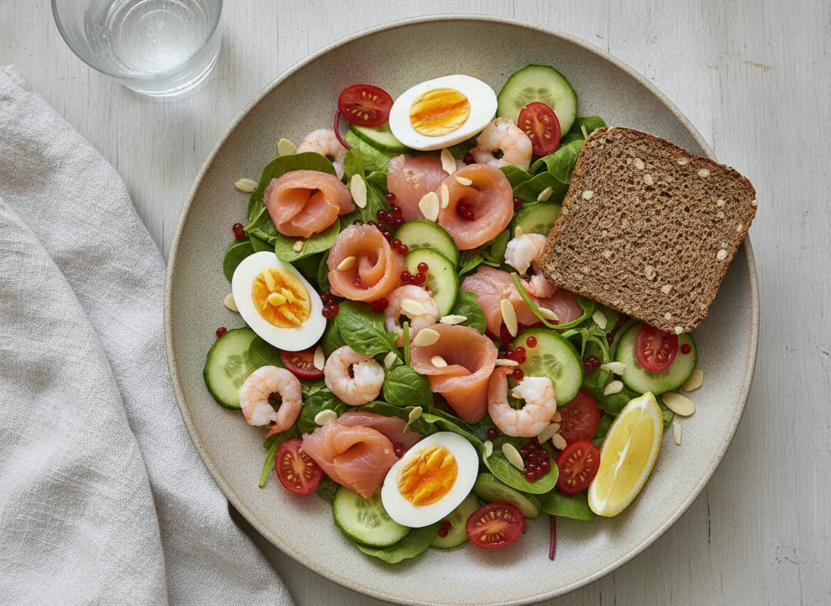 Ensalada nórdica de salmón y gambas con pan de centeno photo